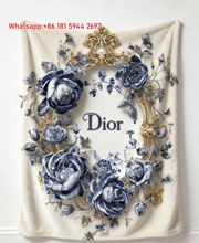 Dior Blue Rose Flannel Sofa Throw Blanket D074